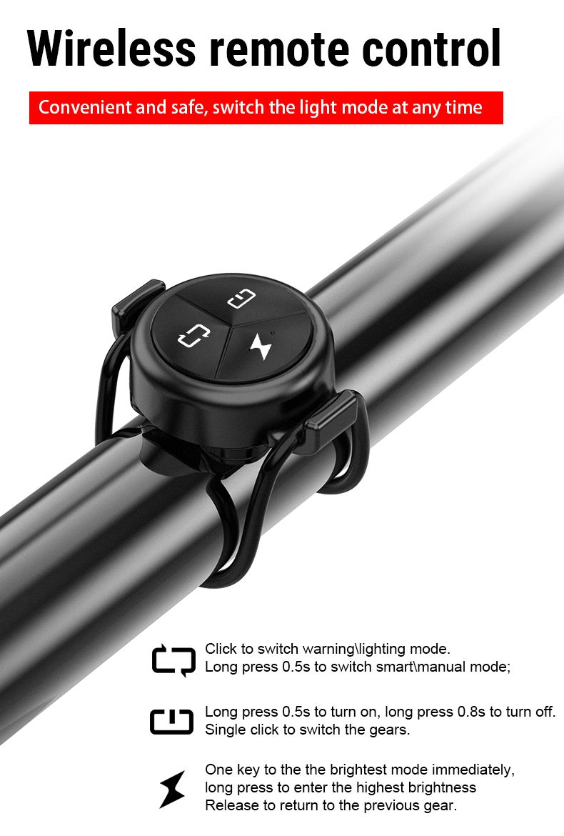 TOWILD CL1200 1200LM Feu avant de vélo rechargeable par USB avec télécommande sans fil pour la sécurité à vélo de nuit