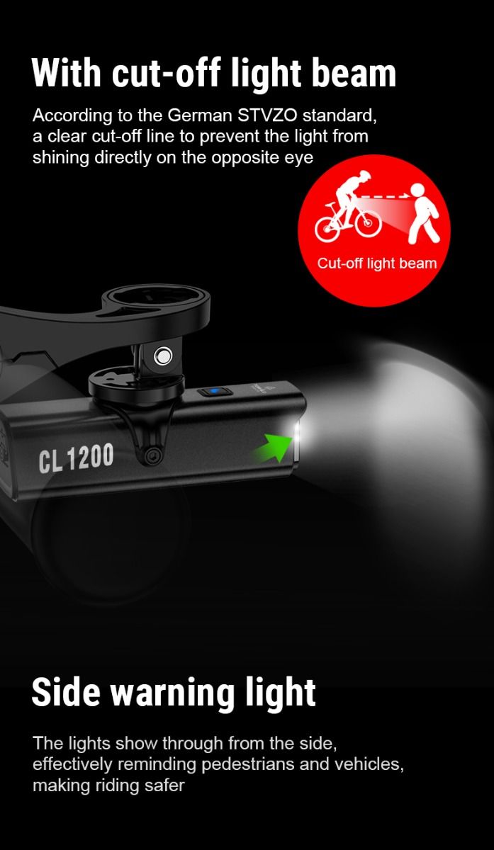 TOWILD CL1200 1200LM Feu avant de vélo rechargeable par USB avec télécommande sans fil pour la sécurité à vélo de nuit