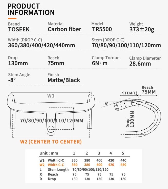 TOSEEK TR5500 Guidon de vélo de route Léger Tige en fibre de carbone intégrale Design aérodynamique Finition noir mat