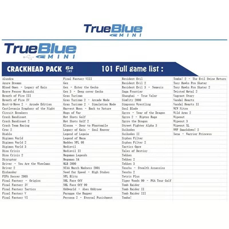 True Blue Mini Crackhead Pack 32G ou 64G USB pour PS ONE MINI Plug and Play Nostalgie du Jeu Classique
