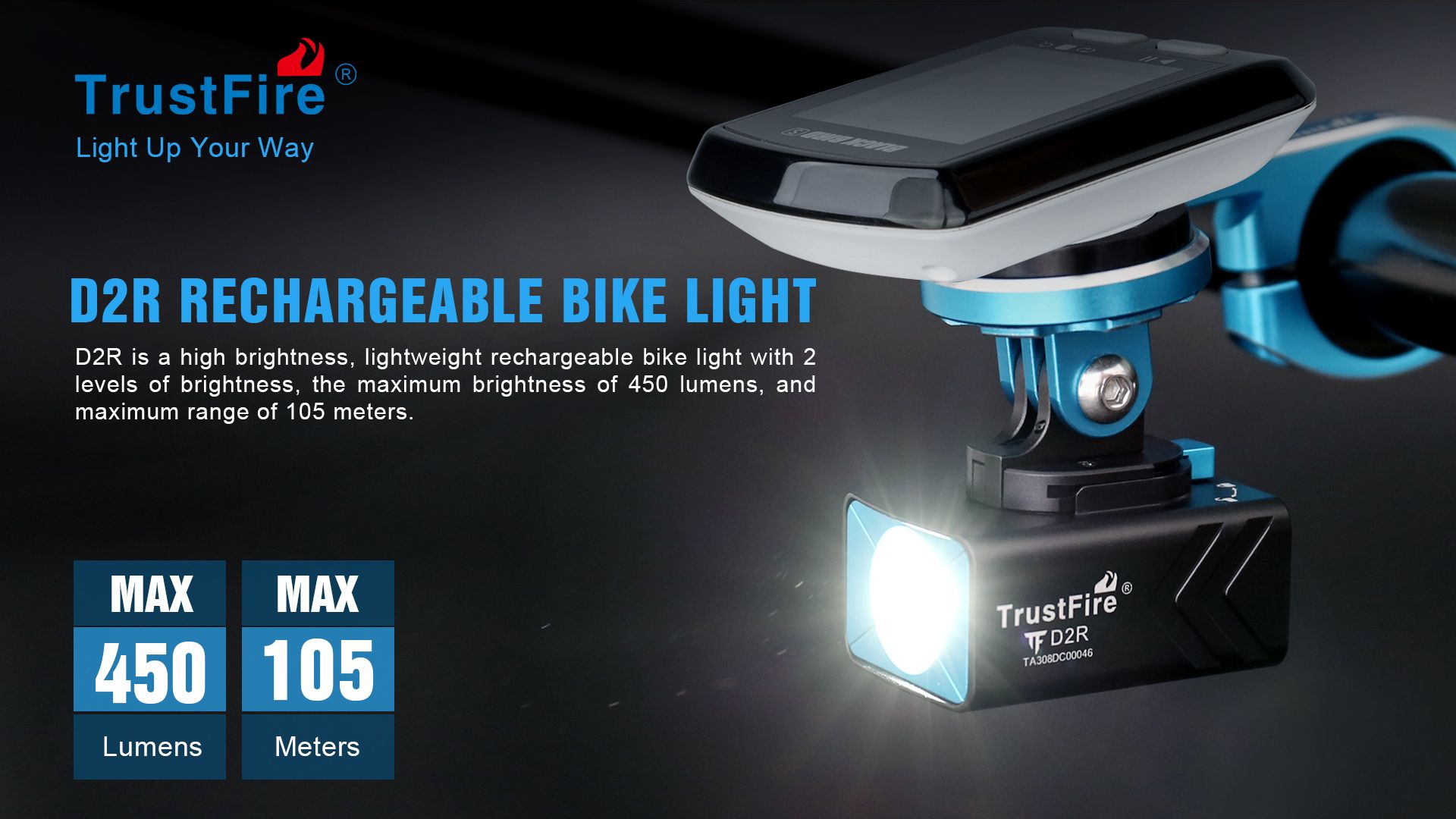 TrustFire D2R Lampe de vélo avant 450LM étanche rechargeable Type-C pour la sécurité et la visibilité