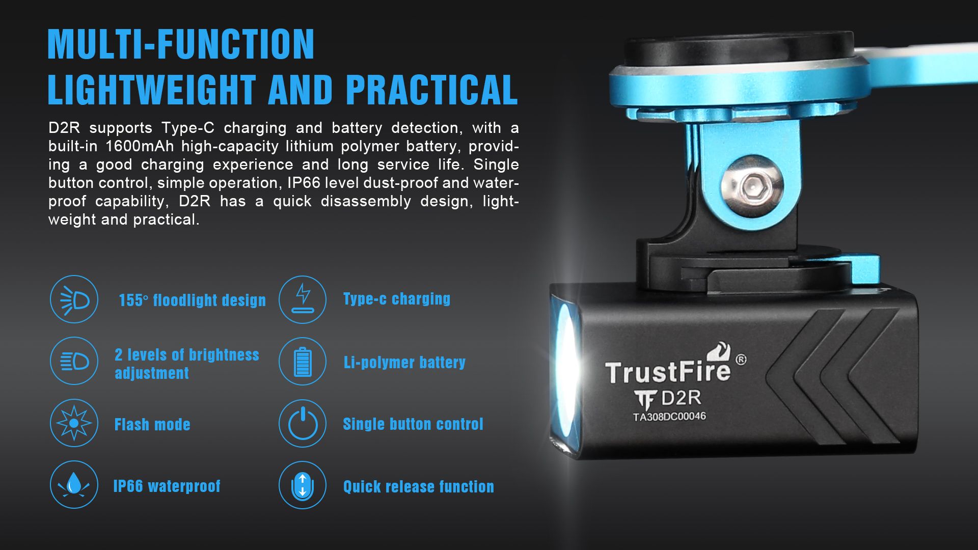 TrustFire D2R Lampe de vélo avant 450LM étanche rechargeable Type-C pour la sécurité et la visibilité