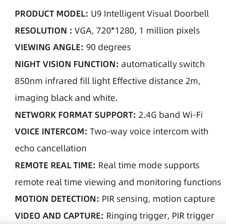 U9 Sonnette vidéo sans fil Interphone vidéo Caméra de surveillance WIFI Caméra de sonnette visuelle Interphone bidirectionnel