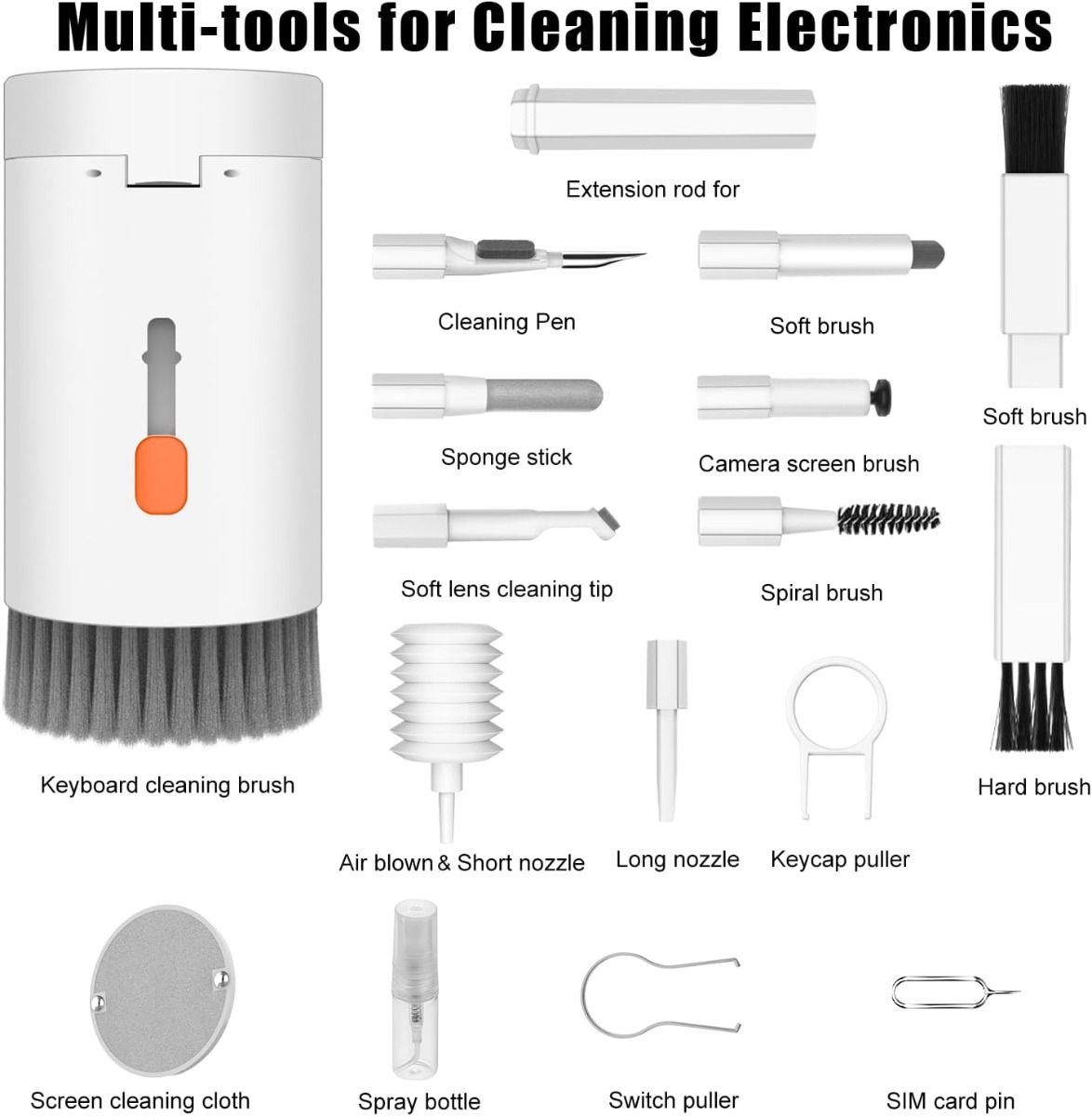 Kit de nettoyage multifonctionnel 20 en 1 pour appareils électroniques, brosse de nettoyage pour clavier, kit de nettoyage pour écouteurs AirPods, outil multi-usage pour nettoyer ordinateur portable, écouteurs, appareil photo, téléphones portables