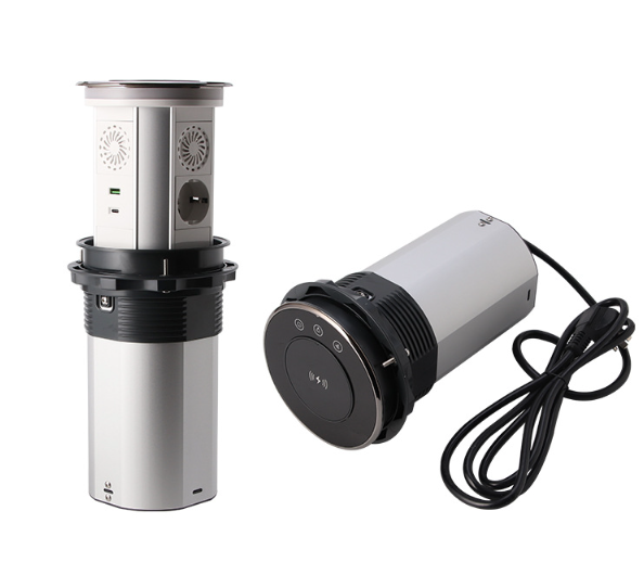 Prises électriques élévatrices VENSTPOW avec charge sans fil USB et sortie motorisée escamotable pour espace de travail organisé.