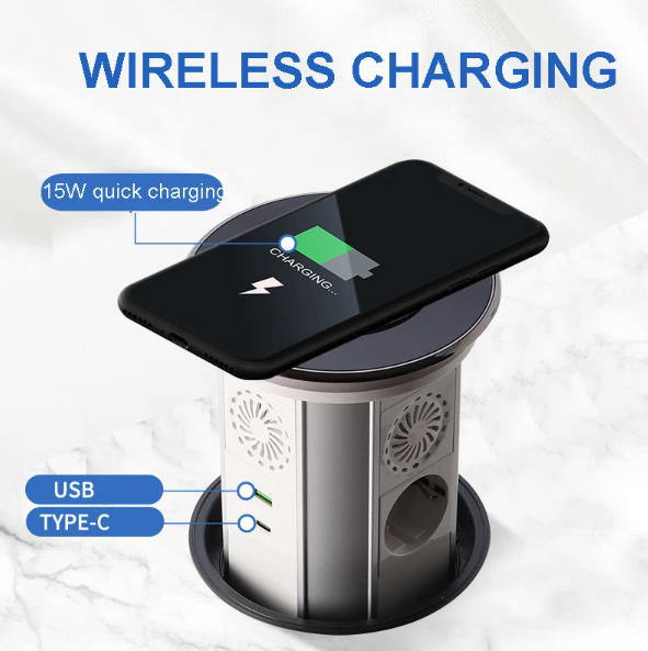 Prises électriques élévatrices VENSTPOW avec charge sans fil USB et sortie motorisée escamotable pour espace de travail organisé.