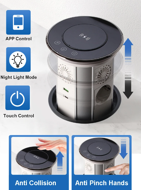 Prises électriques élévatrices VENSTPOW avec charge sans fil USB et sortie motorisée escamotable pour espace de travail organisé.