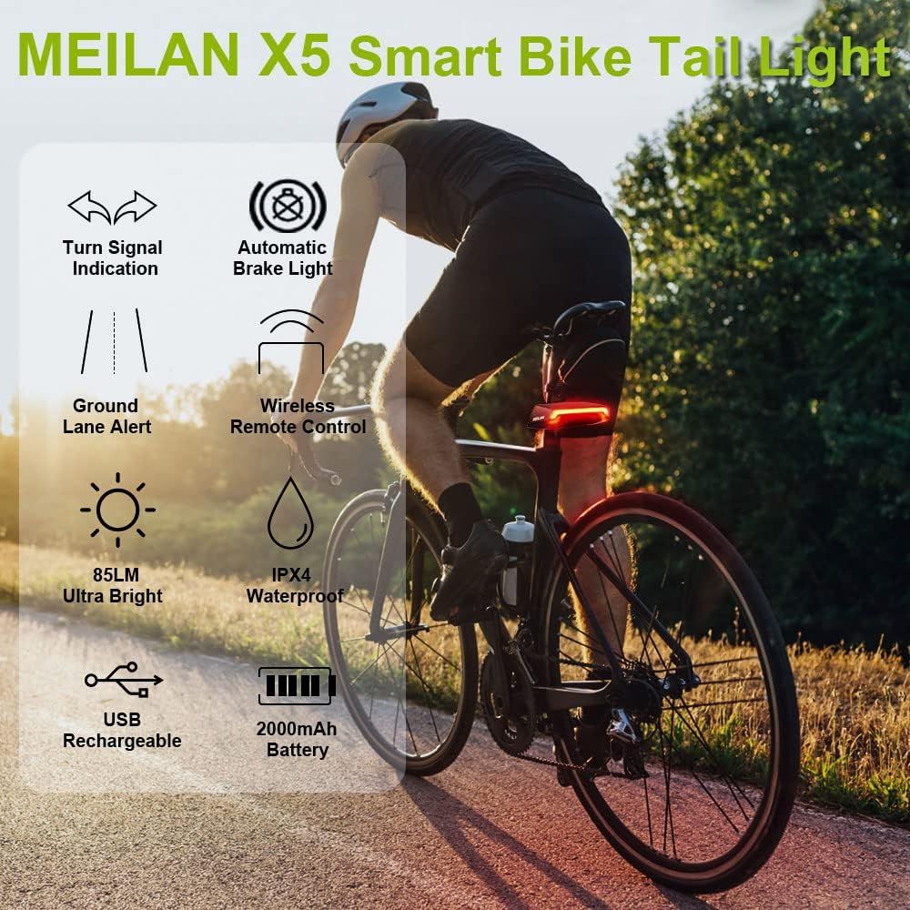 Meilan X5 Feu arrière de vélo intelligent avec clignotants et feu de freinage automatique, télécommande sans fil, feu arrière de vélo rechargeable par USB, lumière d'avertissement de sécurité pour le cyclisme