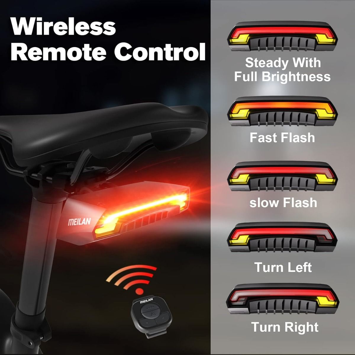 Meilan X5 Feu arrière de vélo intelligent avec clignotants et feu de freinage automatique, télécommande sans fil, feu arrière de vélo rechargeable par USB, lumière d'avertissement de sécurité pour le cyclisme