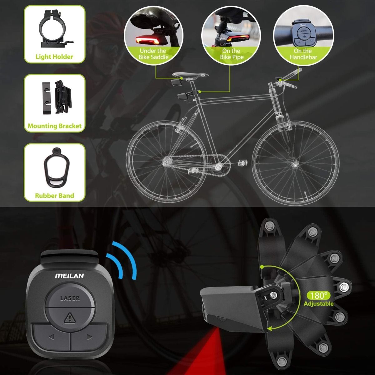 Meilan X5 Feu arrière de vélo intelligent avec clignotants et feu de freinage automatique, télécommande sans fil, feu arrière de vélo rechargeable par USB, lumière d'avertissement de sécurité pour le cyclisme