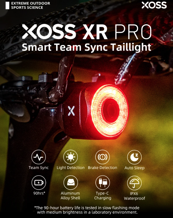 XOSS XR Pro Feu arrière intelligent de sécurité vélo avec détection automatique de freinage, recharge USB et conception étanche