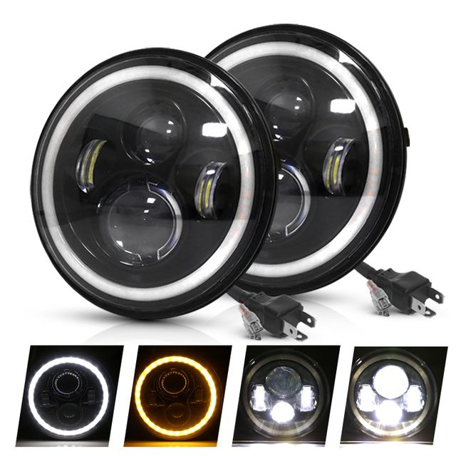 Phare LED 7 pouces pour moto Jeep Wrangler Lada Niva 4x4, design étanche avec œil d'ange jaune et blanc vif