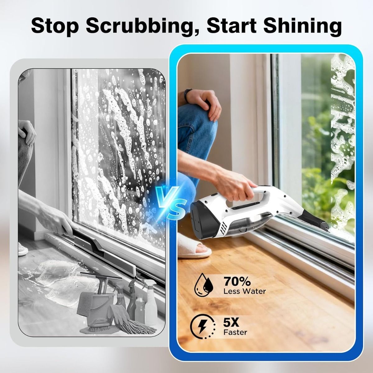 Cordless Window Vacuum Squeegee, 2000Pa Suction, 2200mAh, 150ml Tank for Glass, Mirrors, Tiles